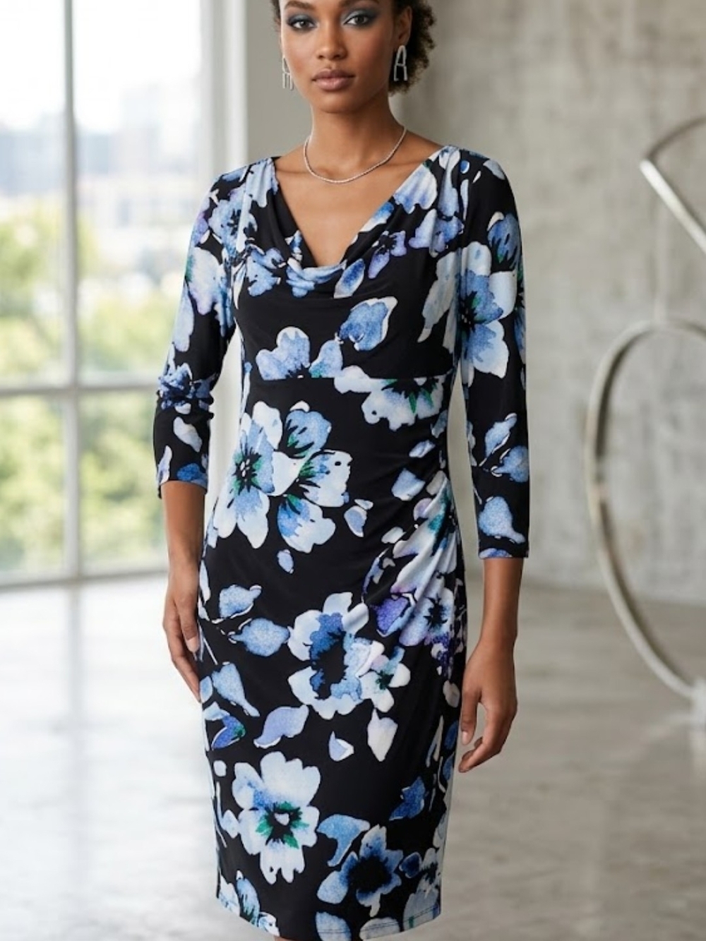 Ralph Lauren Black Floral Midi Dress with Blue and White Blooms